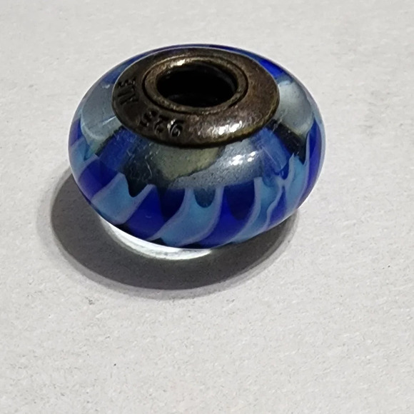 PANDORA Teal-Blue Stripes Murano Glass Sterling Silver Charm - Retired - Picture 7 of 8
